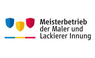 Logo der Meisterbetrieb der Maler und Lackierer Innung mit drei farbigen Schilden (blau, gelb, rot) und Farbbalken daneben.